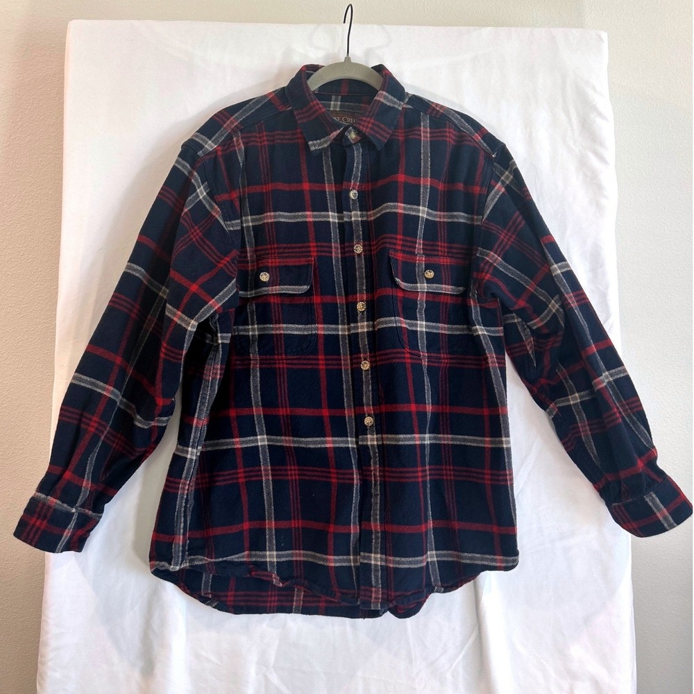 Moose Creek Mens Flannel Shirt Large Navy Blue Red Plaid Cotton Button Down L